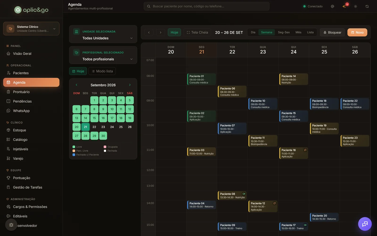Agenda semanal do painel clínico da Aplic&Go com consultas de demonstração