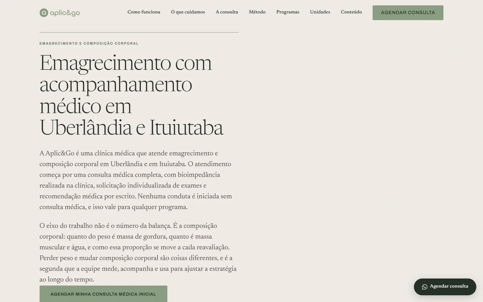 Página Emagrecimento do site da Aplic&Go