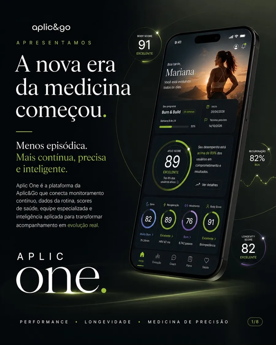 Aplic One — A nova era da medicina começou: app em mockup de celular com scores de saúde